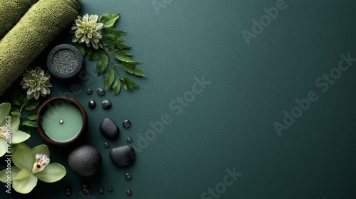 Spa background featuring dark green colors with rolled towels, stones, candles, and flowers arranged artistically on a textured surface for relaxation and wellness themes