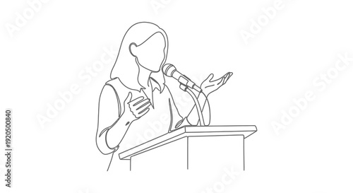 A minimalist line drawing depicts a woman speaking into a microphone at a podium a striking silhouette high quality professional detailed