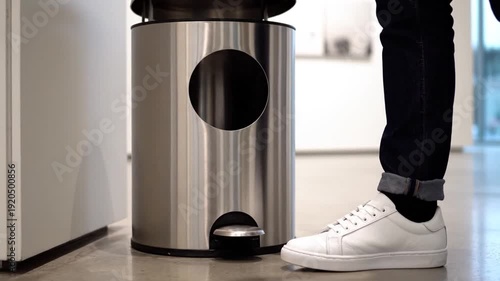 Person throwing trash in a stainless steel trash can with a foot pedal.