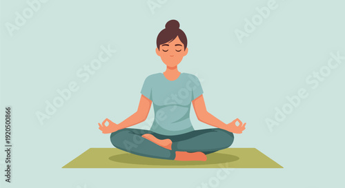Woman meditating in lotus position on yoga mat.
