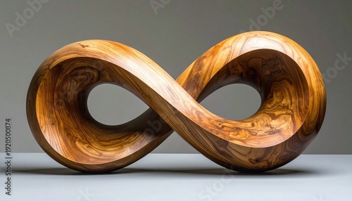 Elegant polished wooden infinity symbol sculpture art object.
