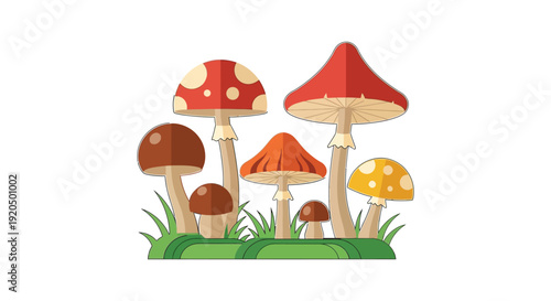 A colorful collection of cartoon mushrooms growing amidst green grass presenting a flat design silhouette high quality professional detailed modern elegant