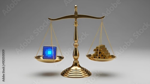 Gold scale balances artificial intelligence microchip, symbolizing the value and outcome based pricing of ai agent technology.