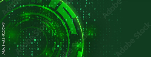 Futuristic green technology background with a glowing circular interface and a binary data stream of 0 and 1. Abstract concept for cybersecurity, big data, and digital code.