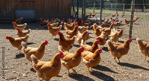 Many brown chickens roam freely on a sunny farmyard.