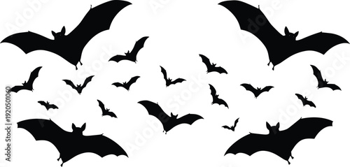 Group of flying bat silhouettes in various sizes and positions, perfect for Halloween themes, nocturnal animal designs, gothic art, and spooky projects