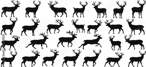 Large Set of Black Deer Silhouettes with Antlers Isolated on White Background Featuring Various Poses Running Walking Standing and Jumping for Wildlife Design