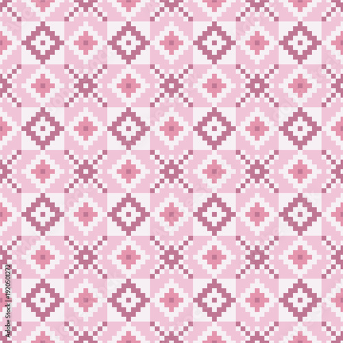 Geometric Pixelated Pink and White Repeating Ornament Pattern Design