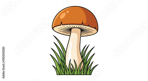 A vibrant illustration depicts a brown mushroom growing amongst green blades of grass creating a striking silhouette high quality professional detailed