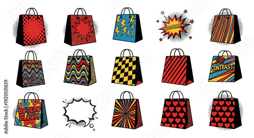 A collection of vibrant pop art and comic book style shopping bags with diverse patterns and designs, including speech bubbles.