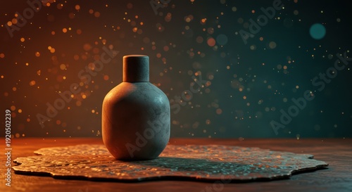 A minimalist grey perfume bottle sits on a textured surface against a bokeh background.