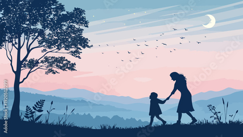 Heartwarming mother's day greeting card with silhouettes of mother and child holding hands in a serene landscape with a tree mountains