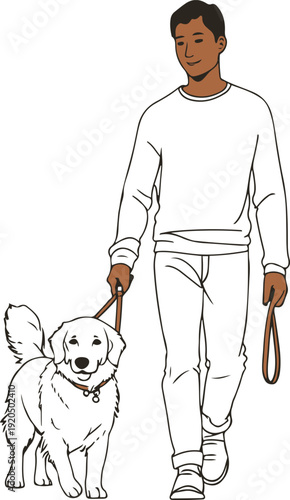 Minimal outline art of a human and dog walking side by side holding a leash