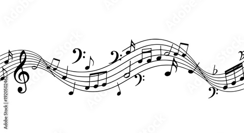 Flowing Musical Notes Vector Illustration Wavy Pattern Black on White Background