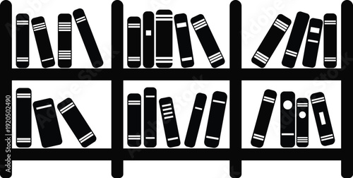 Illustration of black books on a white background organized on two shelves of a bookshelf