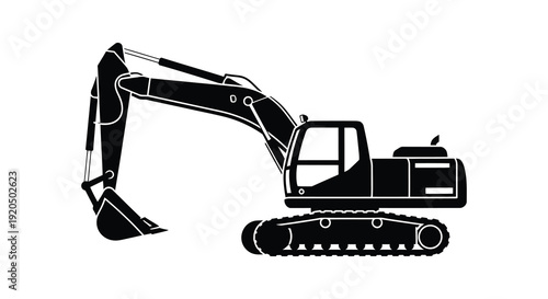 A stark black silhouette of a heavy duty excavator machine showcasing industrial power and construction work silhouette high quality professional detailed modern