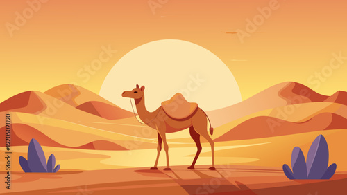 A lone camel stands in a vast orange desert landscape at sunset