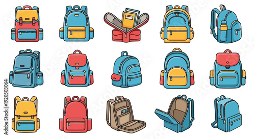A collection of colorful cartoon backpacks and school bags in various styles and states, some open and some closed, on a white background.