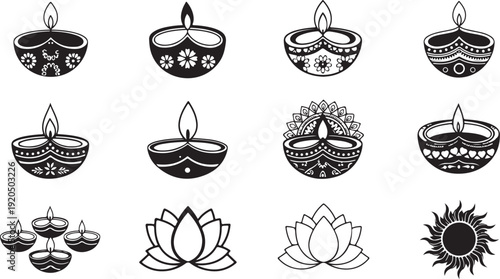 Intricate black and white illustrations of various religious symbols and artifacts isolated on white background, Vector