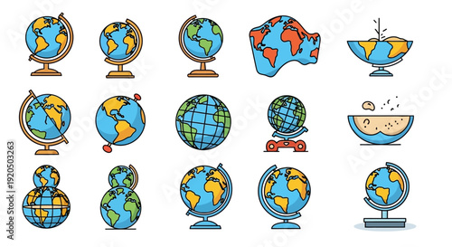 A diverse collection of cartoon-style globes and earth illustrations in various forms and states, depicting geography and world concepts.