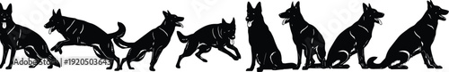 German Shepherd dog silhouettes in various poses and actions, isolated on white background canine breed illustration concept
