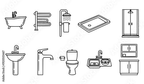 Minimal Monoline Sanitary Ware and Plumbing Icons Bathroom Fixtures Vector Illustration Isolated on White