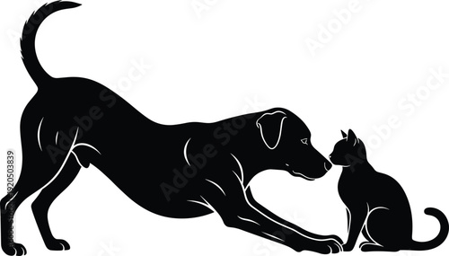 Playful dog and calm cat silhouettes touching noses symbolizing friendship and harmony, isolated on white background pet concept