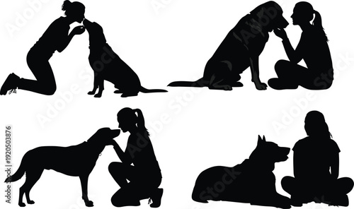Woman and dog silhouettes showing love trust and companionship in different poses, isolated on white background pet friendship concept