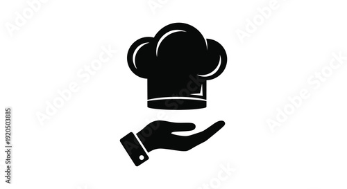A black silhouette depicts a hand presenting a traditional chef s toque illustrating culinary expertise and service silhouette high quality professional detailed