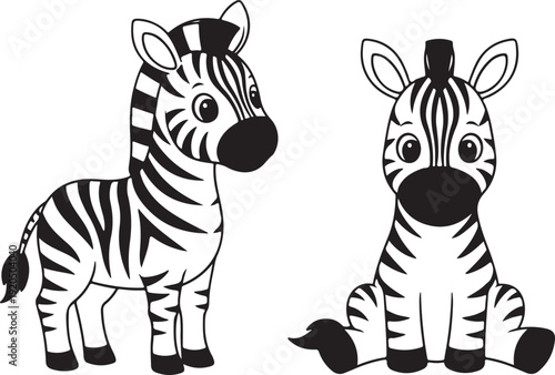 Two adorable cartoon zebras with expressive faces and unique patterns sitting on a light blue background isolated on white background, Vector
