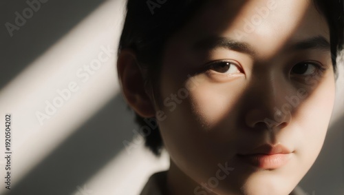 Close-up portrait of a young person with dramatic light and shadow across their face.