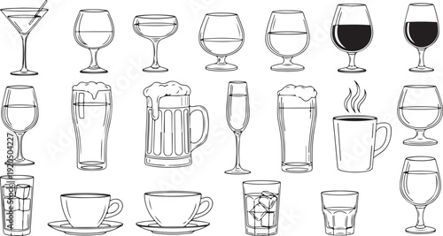 Assorted drinkware and glassware illustrations in various shapes and sizes isolated on white background, Vector