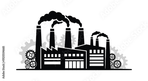 A stark black silhouette depicts a factory with smokestacks gears and buildings symbolizing industrial activity silhouette high quality professional detailed modern