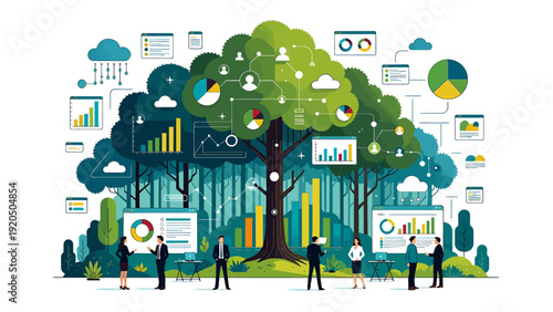 Business professionals analyzing data under a tree with graphs and charts.