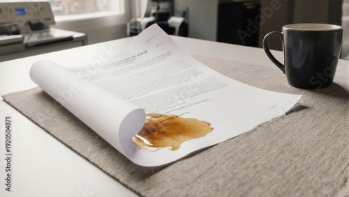 Coffee Stain on Paper - Office Mishap and Beverage Spill.