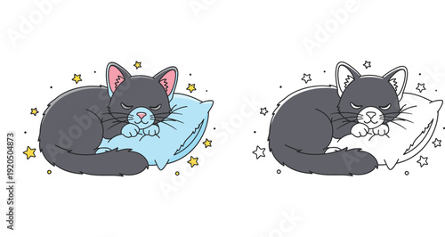 Cute black cartoon cat sleeping peacefully on a pillow with stars. Vector illustration set with fully colored and outline line art versions.