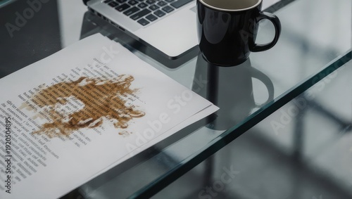 Coffee spill on important document next to laptop and mug on glass table.