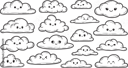A collection of diverse cartoon clouds with various facial expressions and shapes. isolated on white background, Vector