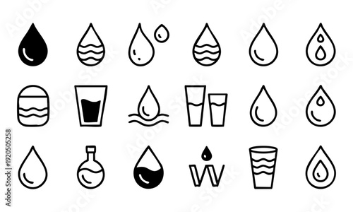 Collection of various water droplet and liquid icons in simple line art style for design and editorial use
