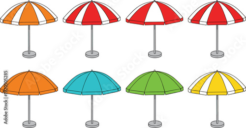 Colorful beach umbrellas collection summer seaside parasol set flat design outdoor vacation sunshade vector illustration