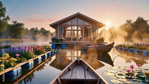 Serene Sunrise Over Floating House and Flower Gardens on Misty Lake.