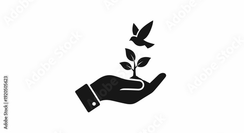 Hand Holding Plant with Leaves and Butterfly.