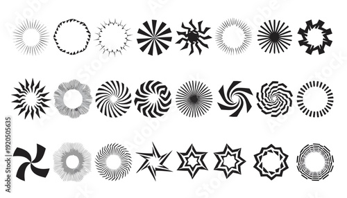 Very beautiful collection of bold black sunburst symbols featuring diverse ray patterns, circular bursts, and star-like radiance, arranged on a white background for versatile graphic and branding appl