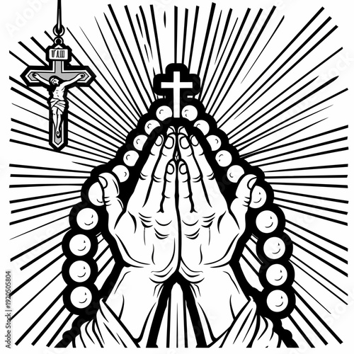 Hands in prayer holding rosary with cross symbol in black and white