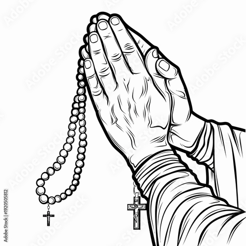 Hands in prayer holding rosary with cross symbol isolated on white