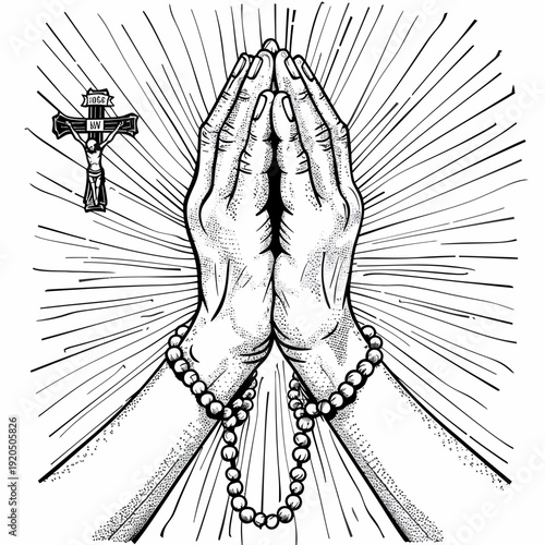 Hands in prayer with rosary beads and cross religious concept illustration