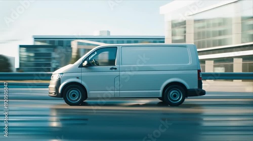 White van drives on urban street during daylight in busy city environment