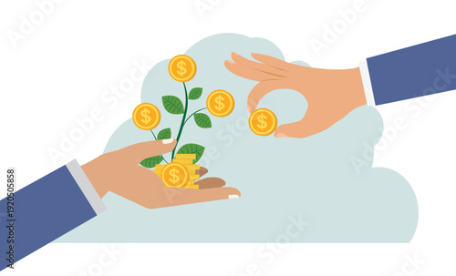 Investing for financial independence, mutual funds or growth stocks, the concept of saving or making profits, the hands of entrepreneurs putting money coins on the growing seeds of money.