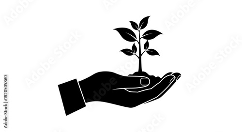 Hand Holding Small Green Plant Silhouette.