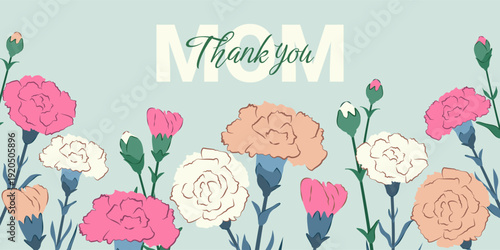 Mother's Day Poster or Horizontal Banner with Flowers Carnations. Spring Holiday Background with Cute Carnations for Mother, Wamans Day, Birthday. Floral Background with Spring Flowers for Wallpaper